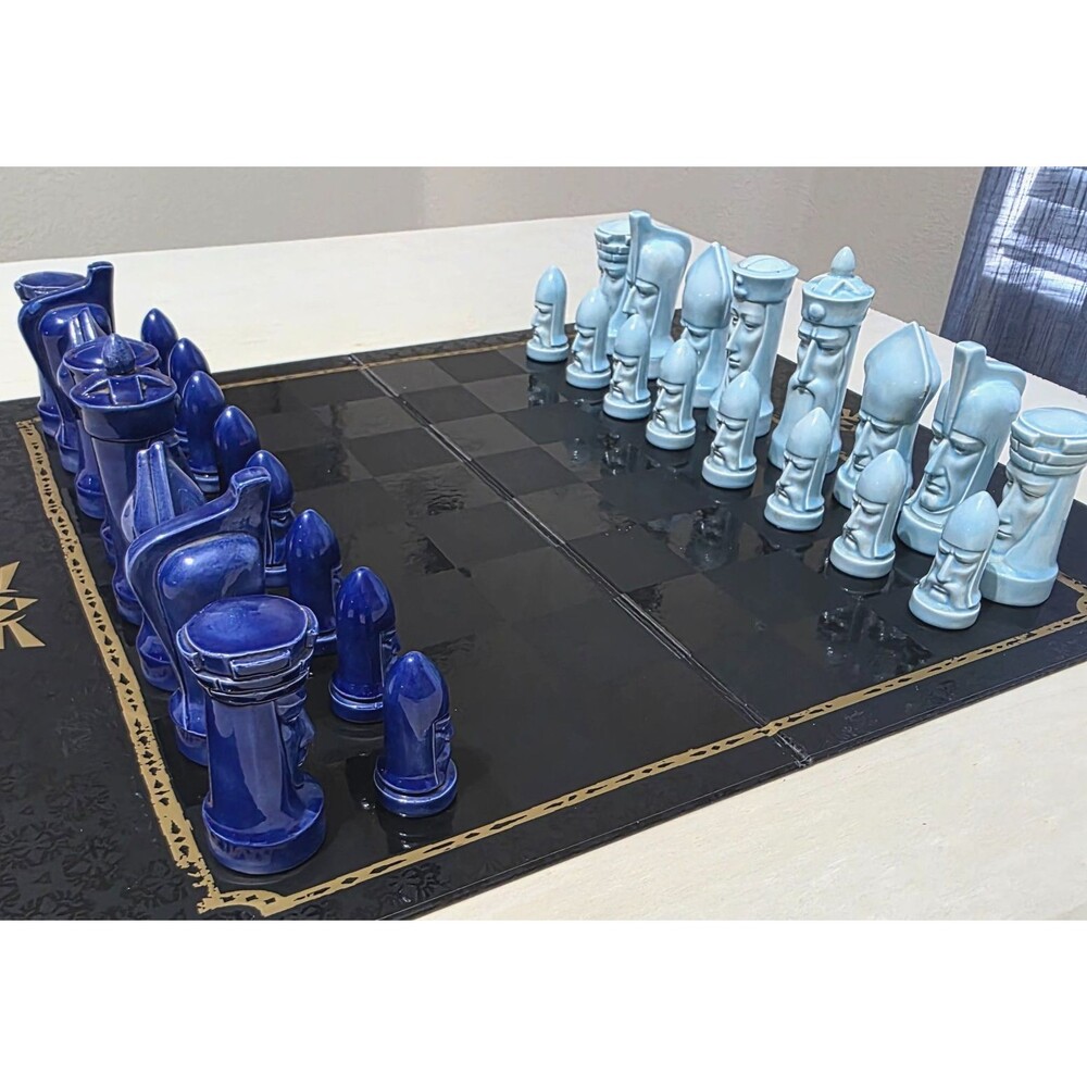 Vintage Glazed Ceramic Chess Set Ganine Superba Masterpiece Style 32 Piece Blue